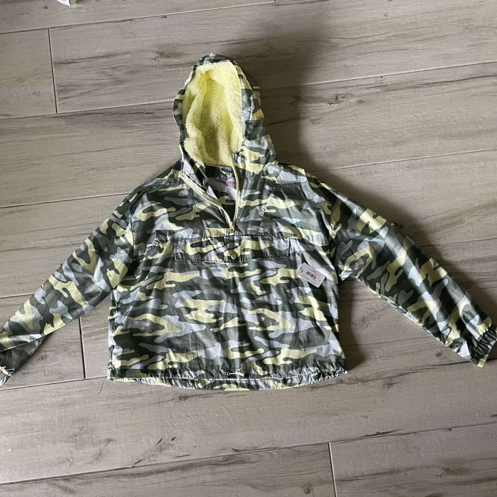 Flirtitude Green and Yellow Camouflage Windbreaker